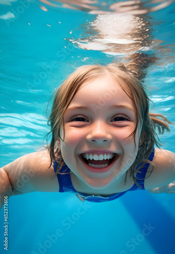 A little cute kiddy girl enjoys vacation by playing under the water. © maxnyc