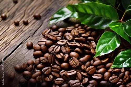 A rustic wooden table decorated with coffee beans and green coffee silver leaves. Top view. Place for text. Copy Space.