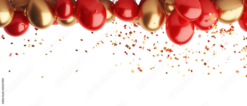 Celebration with gold confetti and red  gold balloons - obrazy, fototapety, plakaty 