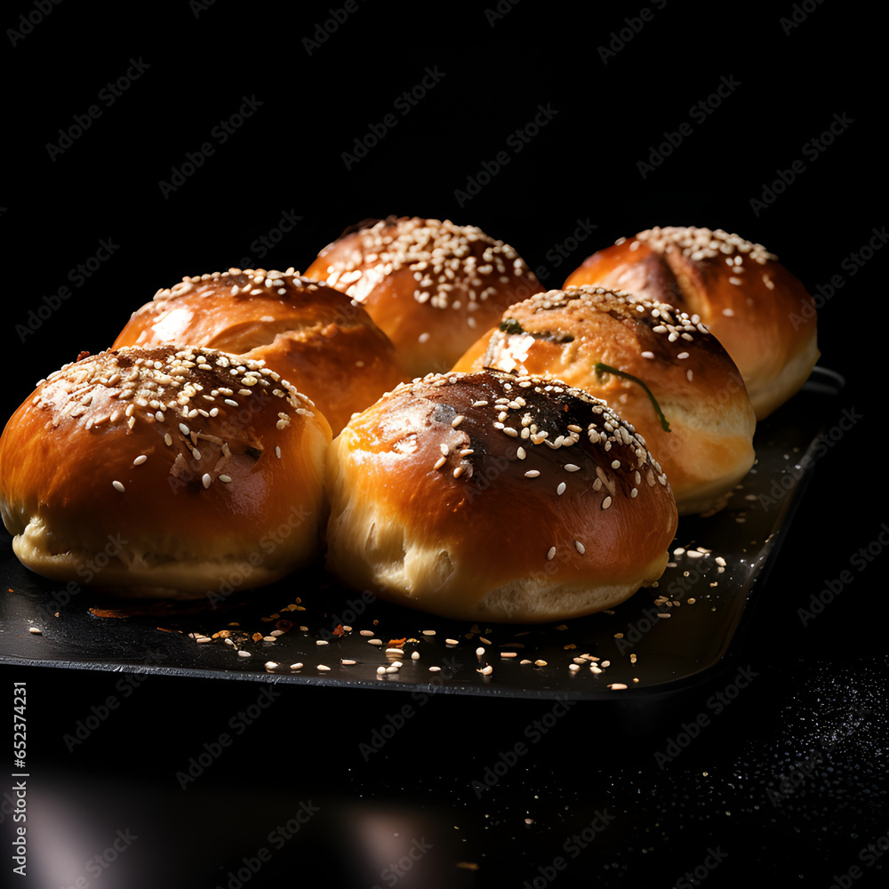 Hot bread rolls, food photography, sleek black background, dark palette photography, 100mm, front shot. Generative AI.