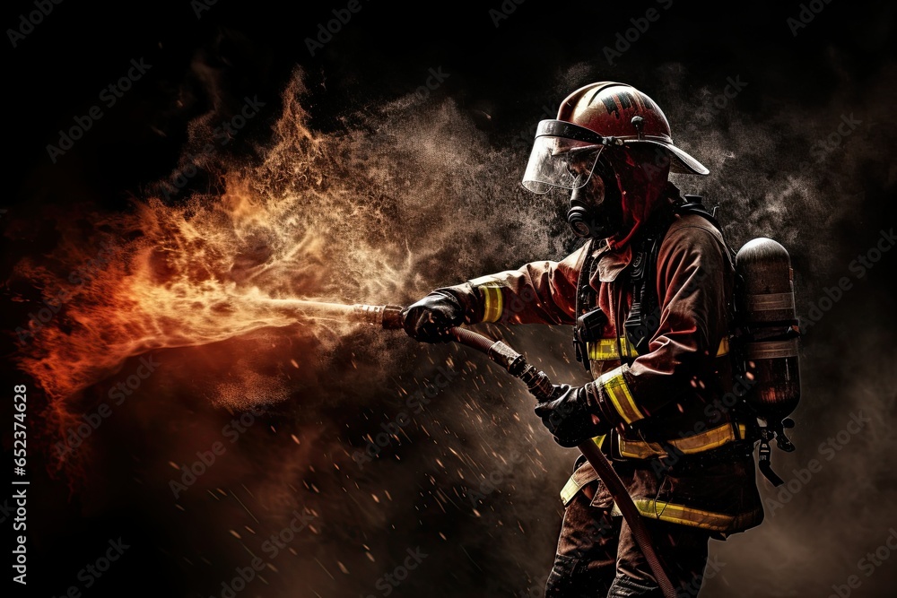 Naklejka premium Fireman with water spray nozzle isolated on splash fire