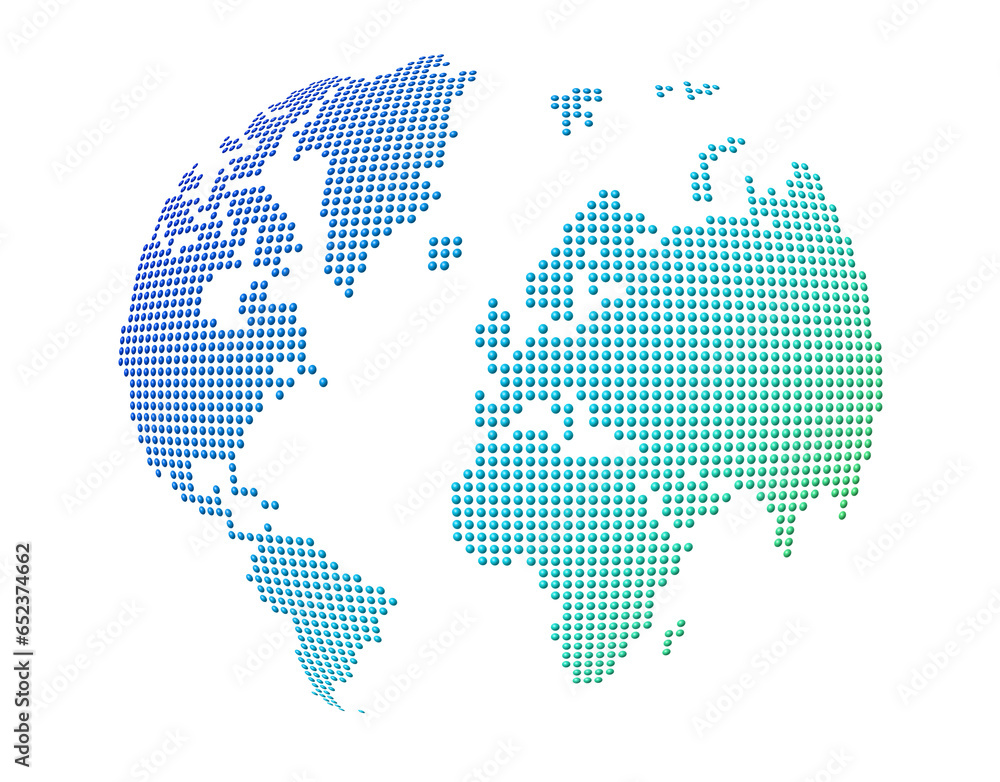 Globe, world map made of blue and green dots. Isolated on transparent background