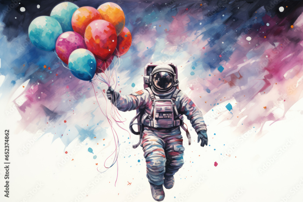 Astronaut spaceman flies on balloons in watercolor style