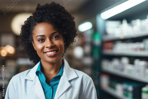 Pharmacist young African American woman in a white coat on the background of a pharmacy