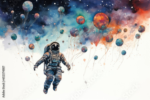 Astronaut spaceman in the sky among colored balloons