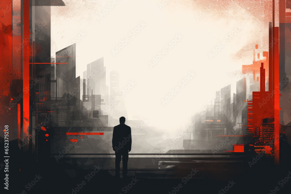 Business background frame, empty abstraction with a silhouette of a businessman on a city background