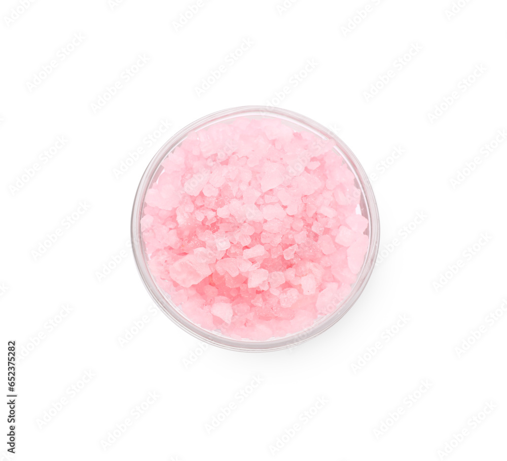 Glass bowl with pink sea salt isolated on white, top view Glass bowl with pink sea salt isolated on white, top view