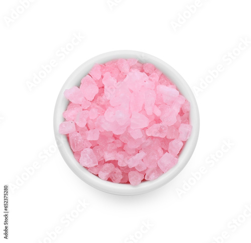 Bowl with pink sea salt isolated on white, top view