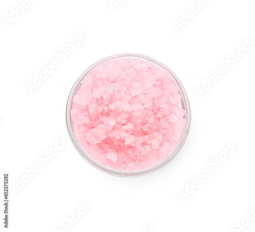 Glass bowl with pink sea salt isolated on white, top view