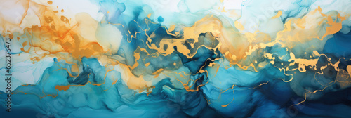 Bright colors mixing abstract background watercolor paints in water. Horizontal banner