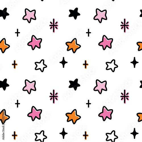 Colored stars on a white background, simple print for kid products. Seamless pattern. Vector. © Ekaterina