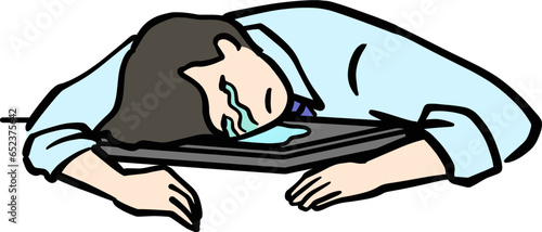 閉じたパソコンに突っ伏して涙にくれるスーツ男性のイラスト