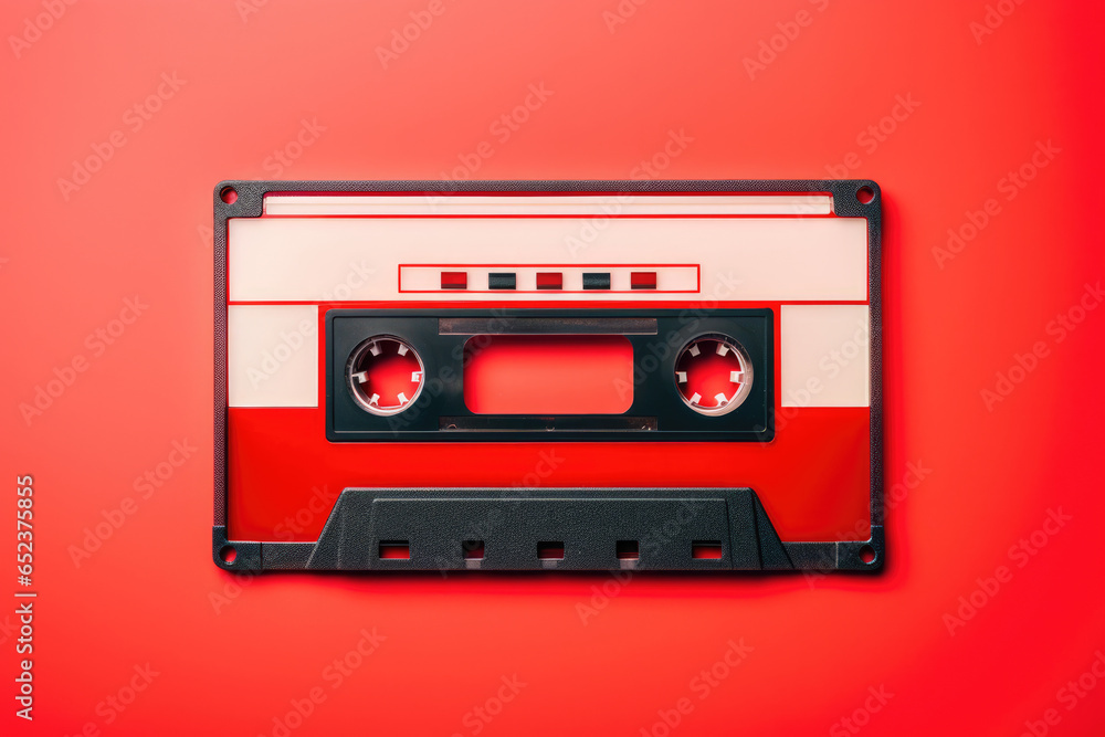 Audio cassette on red background, pop retro music concept