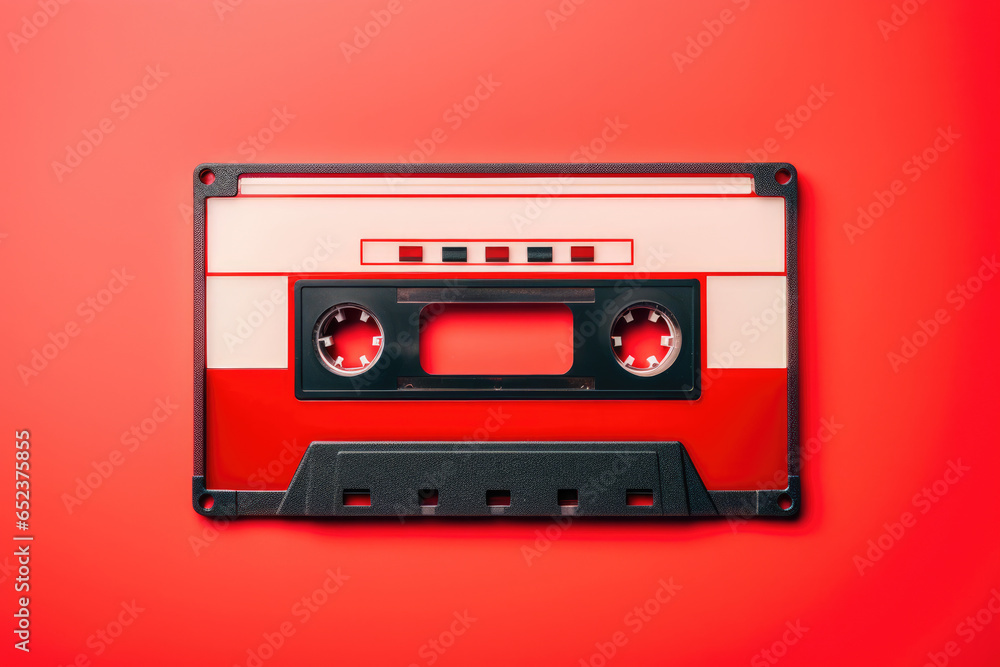 Obraz premium Audio cassette on red background, pop retro music concept