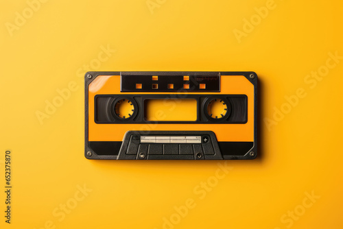 Audio cassette on a bright yellow background, pop retro music concept