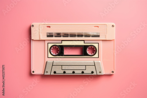 Audio cassette on a pink background, pop retro music concept