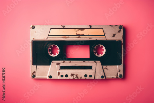 Audio cassette on a pink background, pop retro music concept