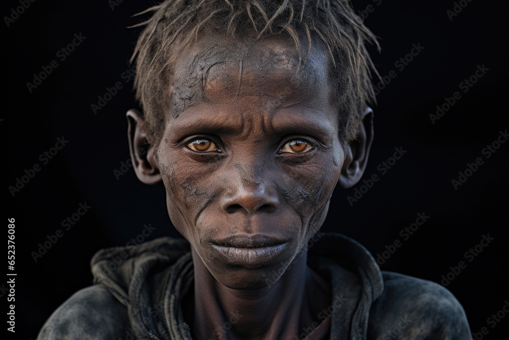 African thin hungry child boy, poverty and hunger concept