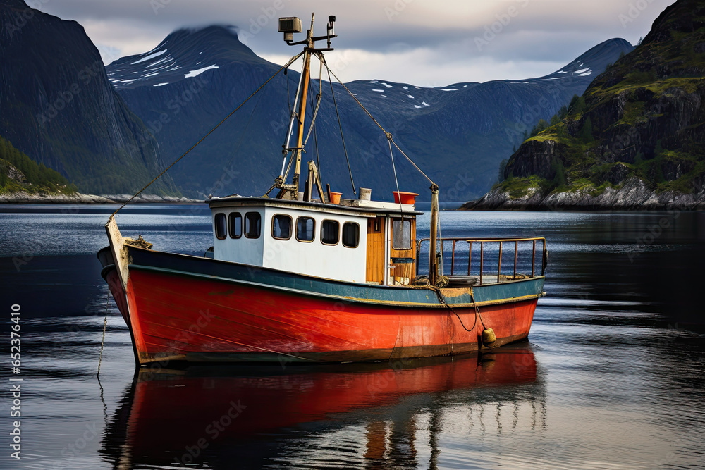 Fishing trawler in a sea bay on a fjord background.