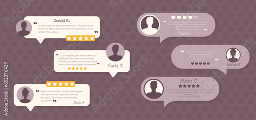 Social media templates for customer feedback review, speech bubble quote. Square vector background in beige color with star rating and customer icons. Vector illustration with editable text photo