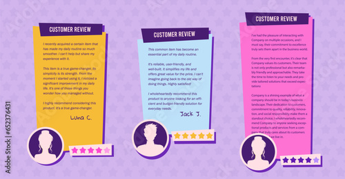 Colorful customer service feedbacks with three vertical and square testimonials, photo placeholders, quotes and review text. Client testimonial social media post design. Vector illustration