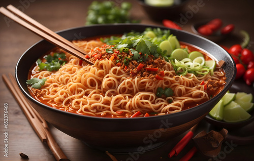 Spaghetti noodles in the bowl : tasty Mein in the bowl :
yummy mian chinese dish photo