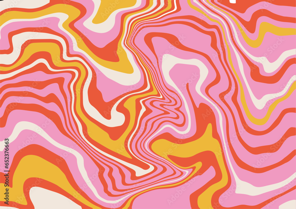 Psychedelic swirl 60s, 70s style liquid groovy background. Trippy 60s 70s style flat 4 color vector illustration.