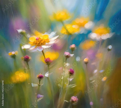 Close up of blurred whimsical yellow and pink wildflowers in summer meadow