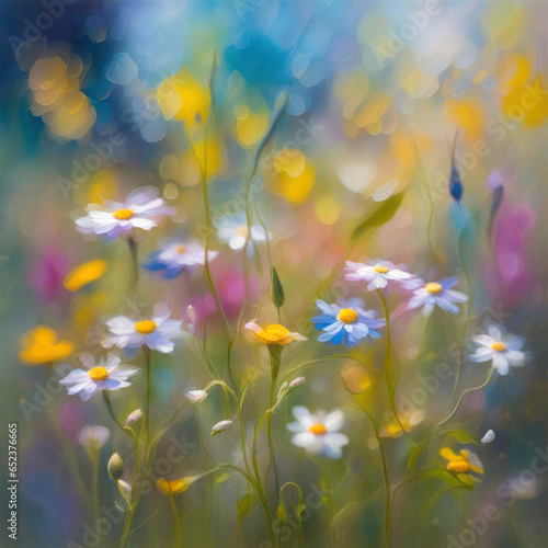 Close up of blurred whimsical wildflowers in summer field  © driftwood