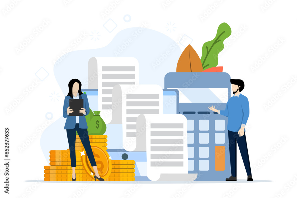 recording financial information. Accounting Department. Create company income and expense accounts. Check the correctness of accounting documents. Budget specialist. vector illustration. - obrazy, fototapety, plakaty 