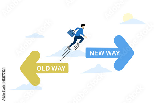 concept of adapting to change, improvement and development of self or business. businessman jumping with arrows pointing towards the past and future. flat vector illustration on white background.