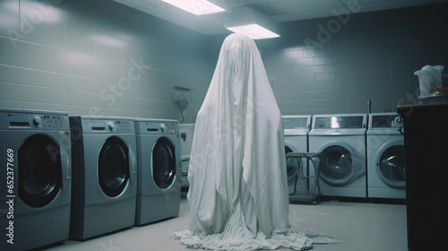 AI-generated photo of the Halloween solitary ghost emerged from the white sheet in the laundry room being summoned by the  True Halloween spirit. Halloween celebration photos. photo