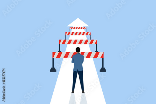 the concept of overcoming challenges and obstacles on the way to business success. increasing motivation, how to achieve goals, overcoming obstacles. Flat vector illustration on blue background.