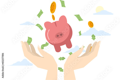 concept of budgeting or cutting expenses to save money for the future, saving for prosperity or financial success, building wealth or frugality, dollar coins falling into hand holding piggy bank.