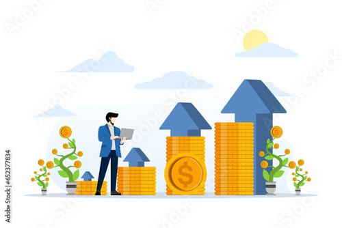 growth concept for smart investment, profit or revenue performance with stack of coins and arrow symbol, return on investment ROI. business people make investments. flat vector illustration.