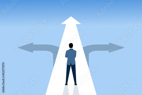 Businessman must choose between three different options indicated by arrows pointing in opposite directions concept, Choosing the right path. Choices and decisions, path selection dilemmas.
