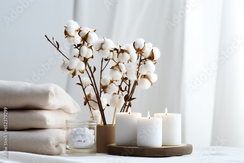 Stylish table with cotton flowers and aroma candles near light wall