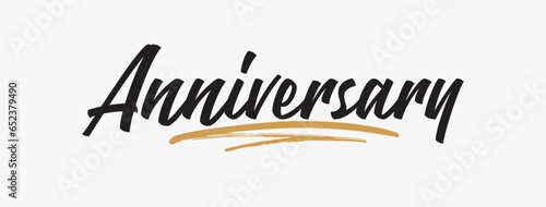 Happy Anniversary lettering text banner. Beautiful greeting banner poster calligraphy inscription black text word gold ribbon. Hand drawn design. Handwritten lettering of Happy Anniversary.