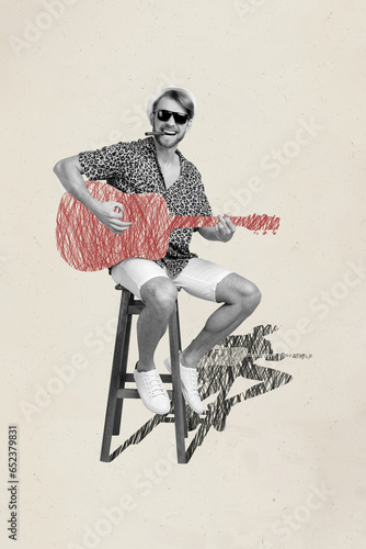 Image collage sketch of cheerful positive guy sitting guy playing guitar isolated on painted background
