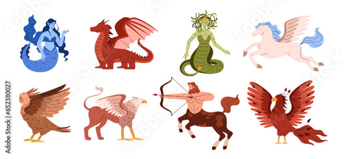 Set of various mythical creatures flat style, vector illustration