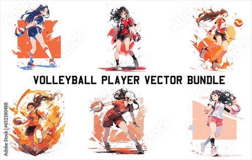 volleyball player vector bundle, female volleyball player ,Volleyball players in different action poses, Action moves in volleyball set, Volley contemporary colorful vector illustration. 