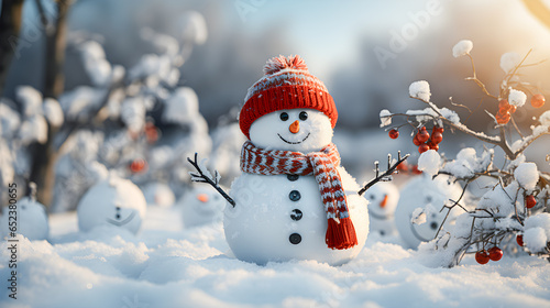 Snowman with cap and scarf in a snowy winter landscape. Blurred background and sunset light. Winter and christmas background. © JMarques