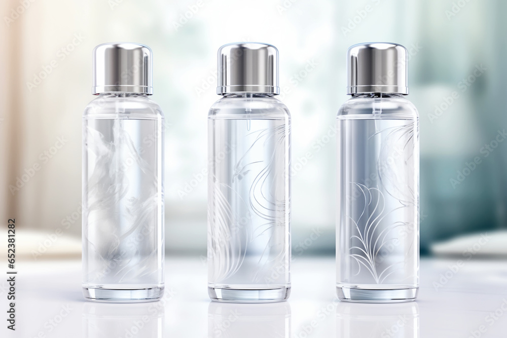 Glass perfume bottles with delicate shadows on the white background. No name bottle for representation. Glass perfume bottles with delicate shadows on the white background. No name bottle for representation.