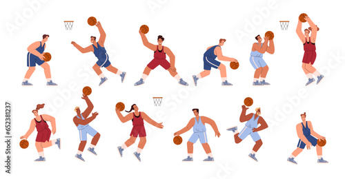 Basketball players, athletes with ball in different poses, handling, jumping, defense and offense vector sport game set
