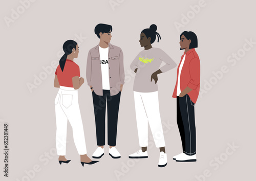 In an urban atmosphere, four young hipsters encountered each other on the street, engaging in conversation