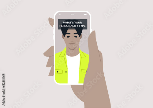 An online personality test presented as a social media face filter, floating above the character's forehead