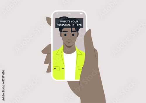 An online personality test presented as a social media face filter, floating above the character's forehead