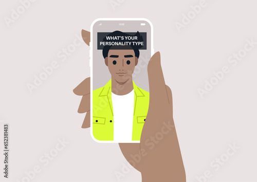 An online personality test presented as a social media face filter, floating above the character's forehead