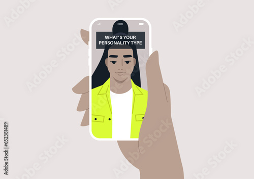 An online personality test presented as a social media face filter, floating above the character's forehead