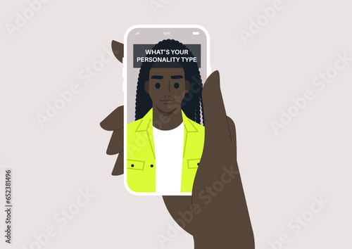 An online personality test presented as a social media face filter, floating above the character's forehead